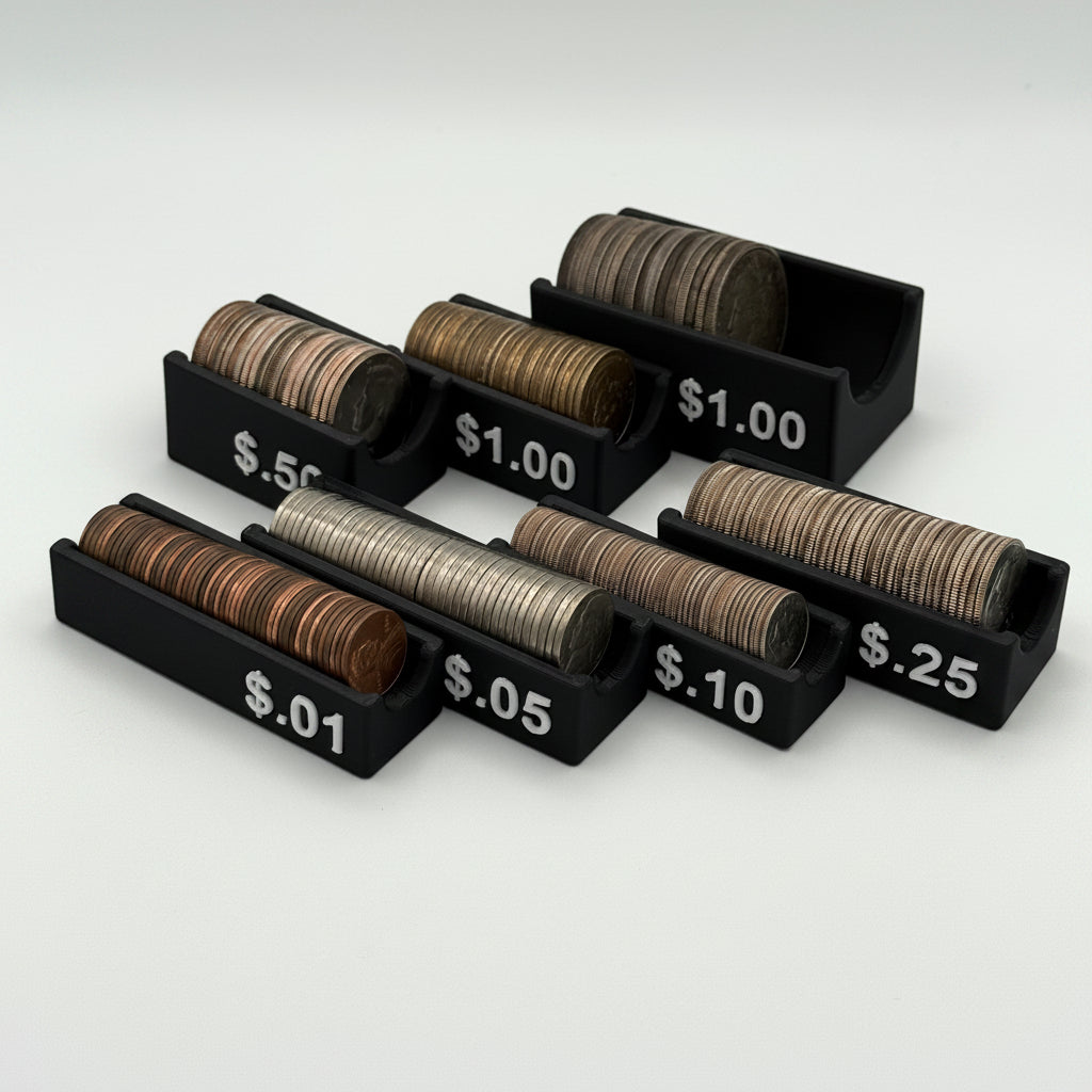 A set of six black plastic coin stacks and denominations labels from $.01 to $.1.00, shown on a light gray background.
